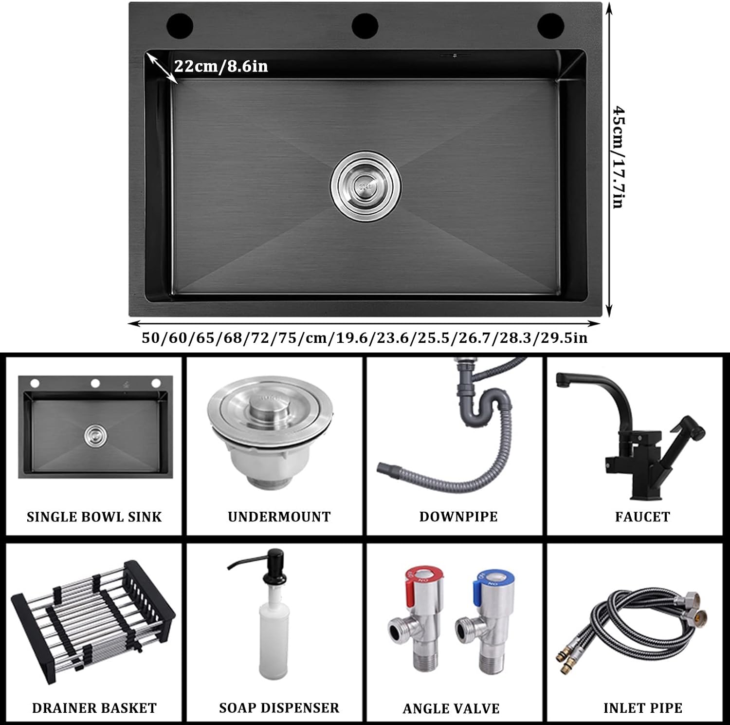 304 Stainless Steel Kitchen Sink Black Single Bowl Bar Sink Household Handmade RV Sink with Multi-Functional Pull-Out Faucet and Drainage Kit Top Mount Or Undermount (Black 50x45x22cm)