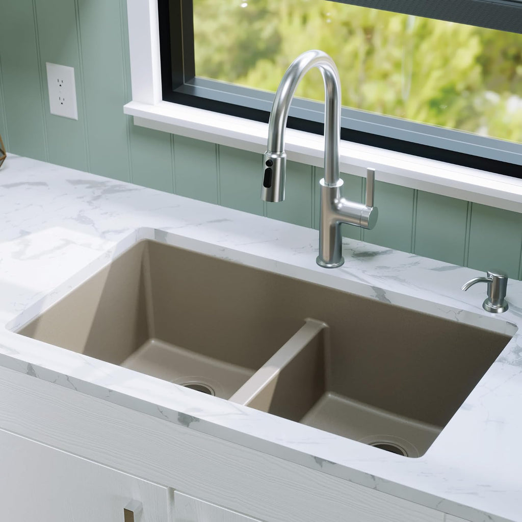 Karran 32' Quartz Composite Undermount Double Bowl Kitchen Sink with Low Divider – 50/50 Equal Bowl, 80% Natural Quartz, 535°F Heat Resistant, Sound Dampening, Concrete Color, QU-810