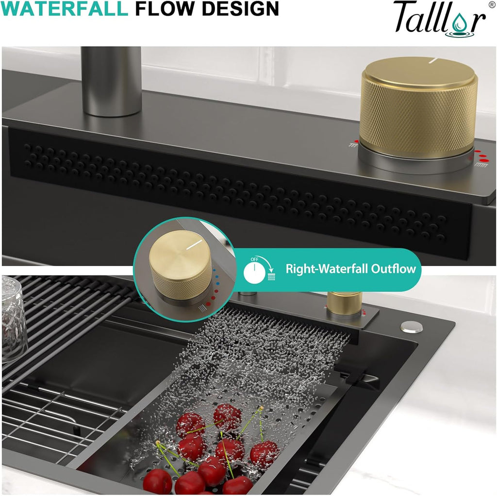 33x22 Gunmetal Black Drop In Kitchen Sink with Faucet, Waterfall Feature & Cup Washer, 16 Gauge 304 Stainless Steel, Workstation Accessories 3-Holes Sink for Residential Kitchen #TLWF-0001