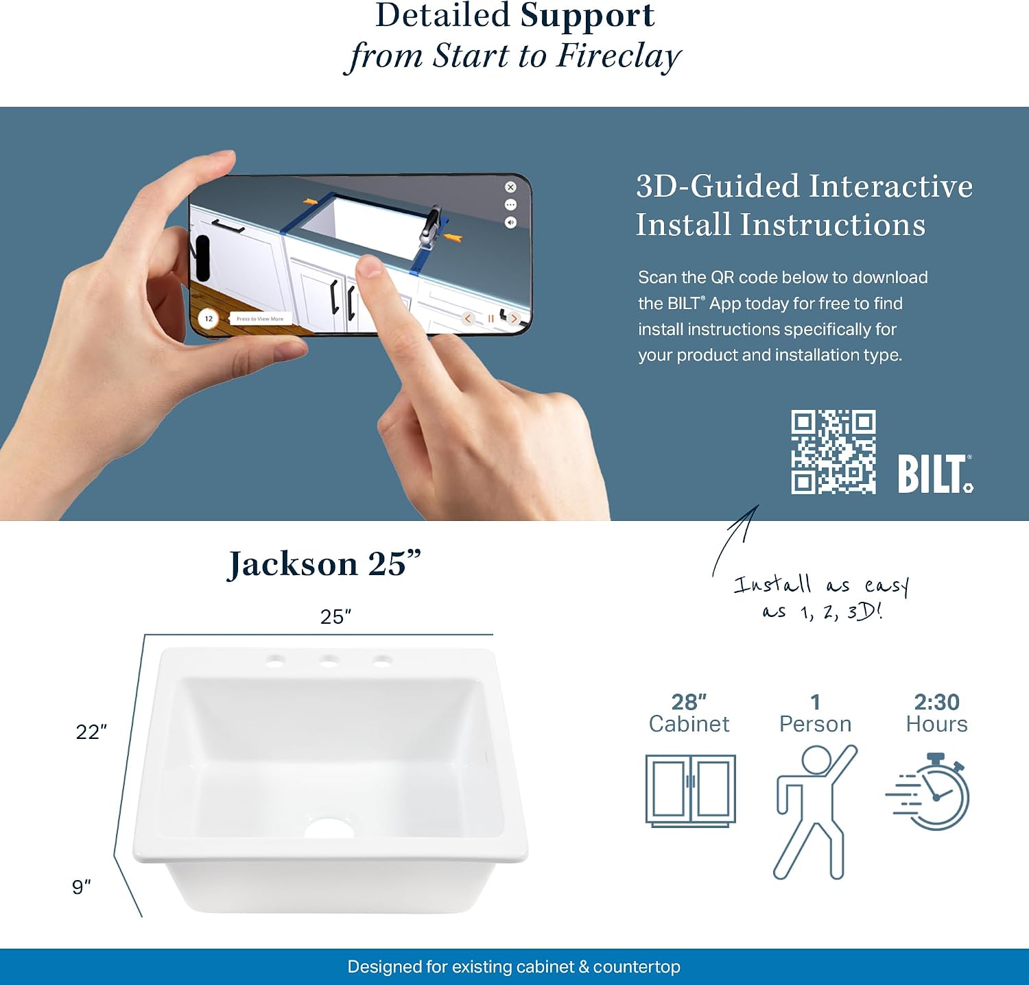 Sinkology Jackson 25 Inch White Fireclay Drop-In Kitchen Sink, Single Bowl, 3 Faucet Holes, Fits 28 Inch Cabinet, Surefire Finish