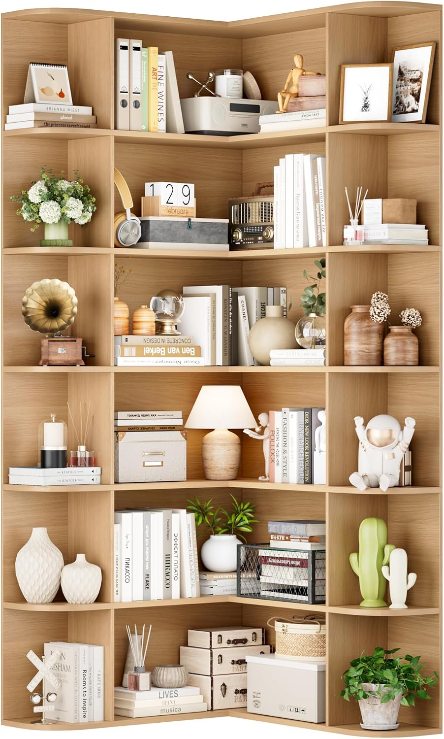 FOTOSOK 72' Tall Corner Bookshelf, 6-Tier Bookshelf and Bookcase with Open Storage, Tall Bookcases Wooden Storage Shelves for Home Office, Thickened Boards for Better Load Bearing, Natural