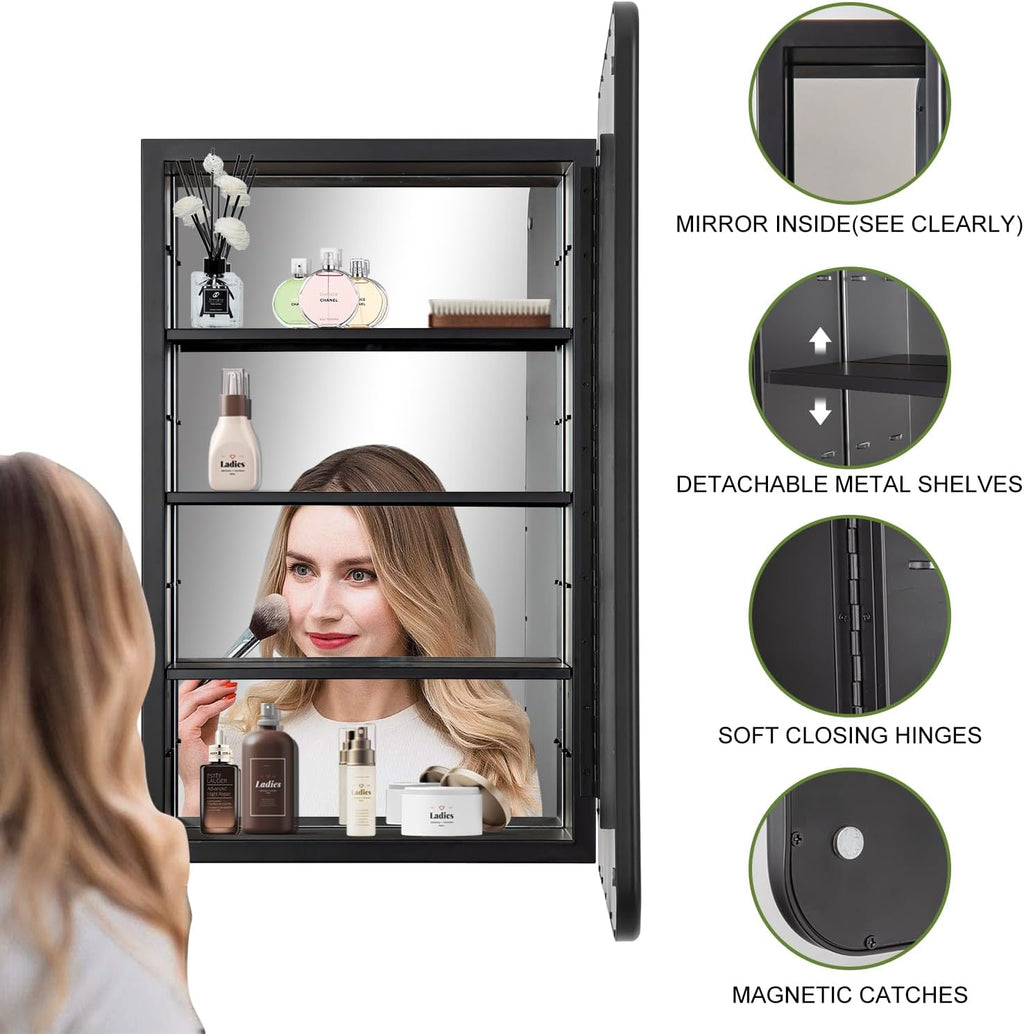 17 x 27 Bathroom Medicine Cabinet with Mirror Metal Frame Recessed Or Wall Mounted Single Door Storage Medicine Cabinets with Adjustable Shelves Rounded Corner Beveled Mirrors
