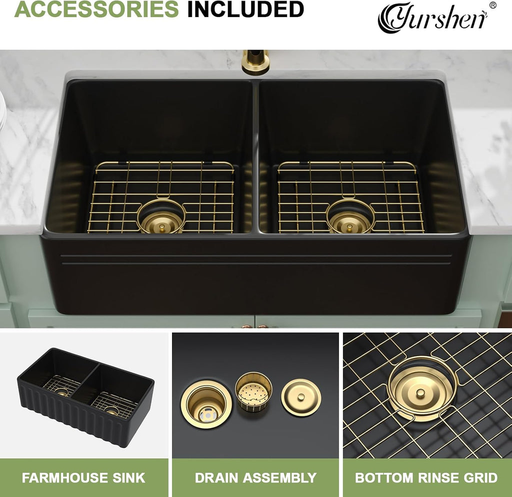 33' Black Ceramic Porcelain Kitchen Sinks, Apron Front Farmhouse Sink with Gold Accessories, Deep Double Bowl Sink for Farm Barn Basin, 33'x18'x10'