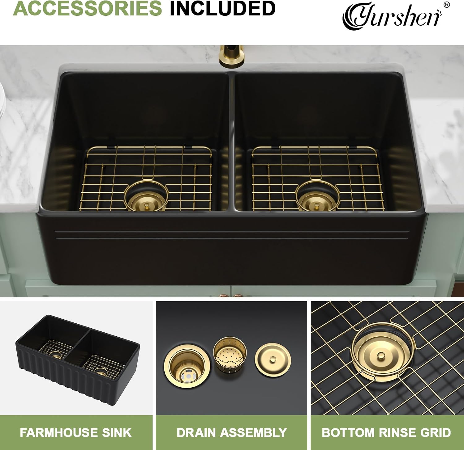 33' Black Ceramic Porcelain Kitchen Sinks, Apron Front Farmhouse Sink with Gold Accessories, Deep Double Bowl Sink for Farm Barn Basin, 33'x18'x10'
