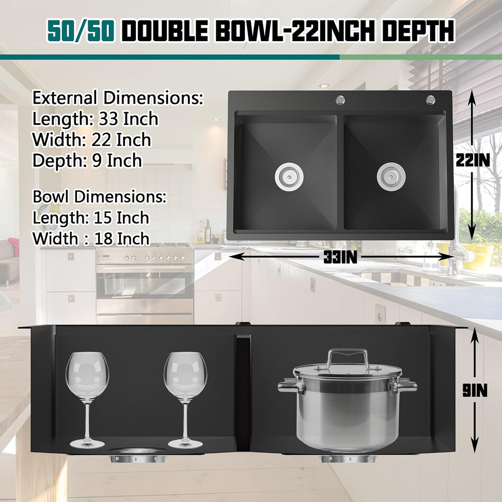 Black 50/50 Double Bowl Kitchen Workstation Sink, 33'x22' Stainless Steel Drop In Kitchen Sink Easy To Multitasking With Cutting Board,Drying Rack,Silicon Mat,Sink Grid And Drain Assembly