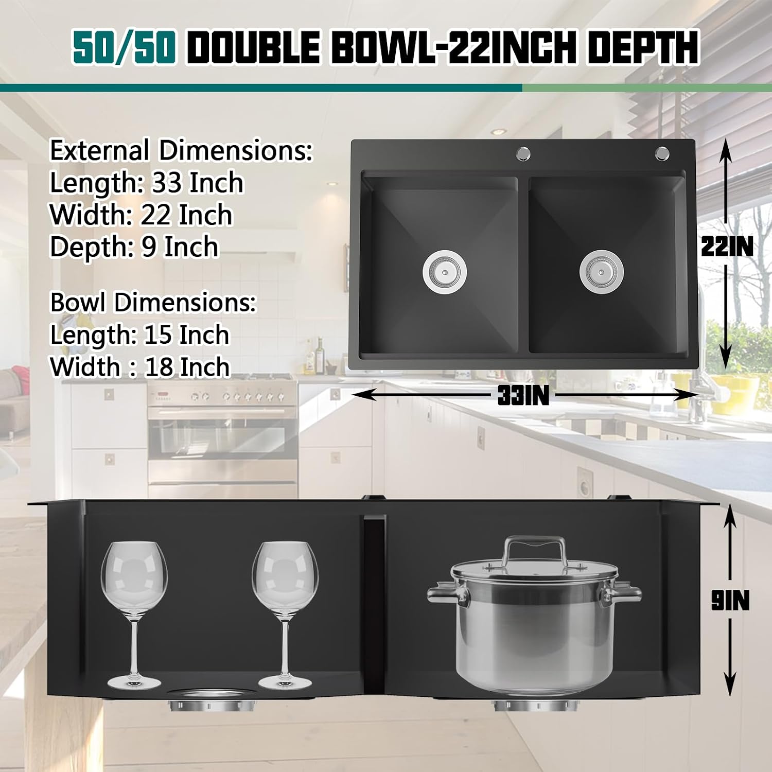 Black 50/50 Double Bowl Kitchen Workstation Sink, 33'x22' Stainless Steel Drop In Kitchen Sink Easy To Multitasking With Cutting Board,Drying Rack,Silicon Mat,Sink Grid And Drain Assembly