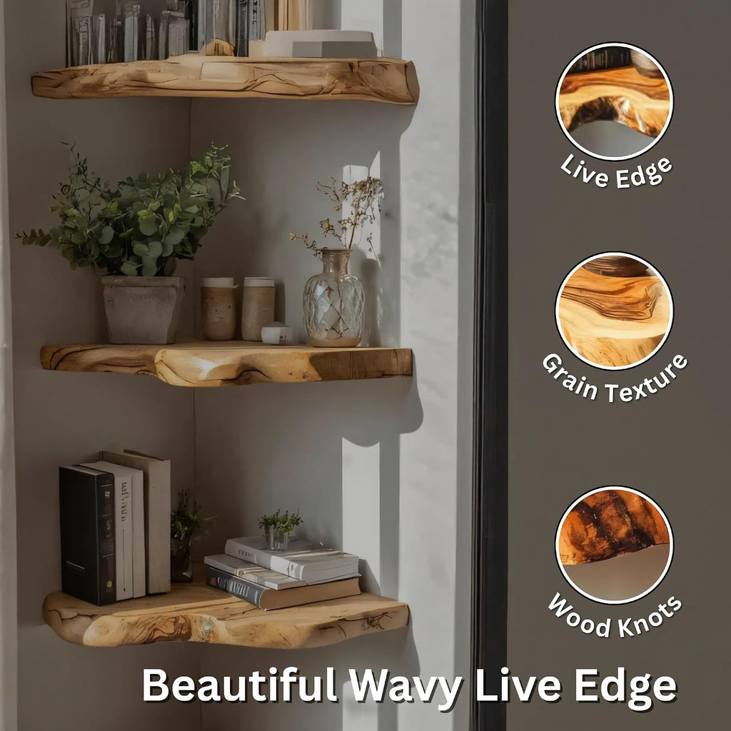 Live Edge Corner Floating Shelves - Solid Monkey Pod Wood, Heavy Duty Hidden Brackets, Handcrafted Farmhouse Wall Mounted Decor for Bedroom & Living Room - Natural, 9.8 x 9.8 x 2.0 in, Set of 1