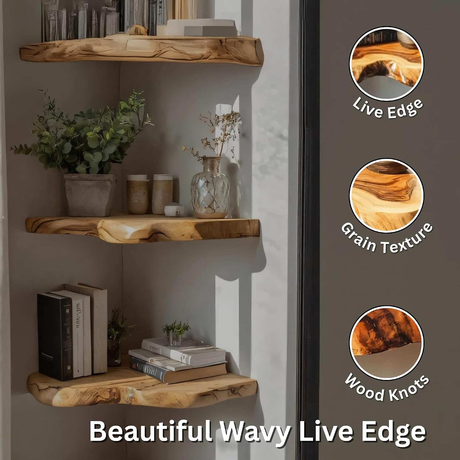 Live Edge Corner Floating Shelves - Solid Monkey Pod Wood, Heavy Duty Hidden Brackets, Handcrafted Farmhouse Wall Mounted Decor for Bedroom & Living Room - Natural, 9.8 x 9.8 x 2.0 in, Set of 1