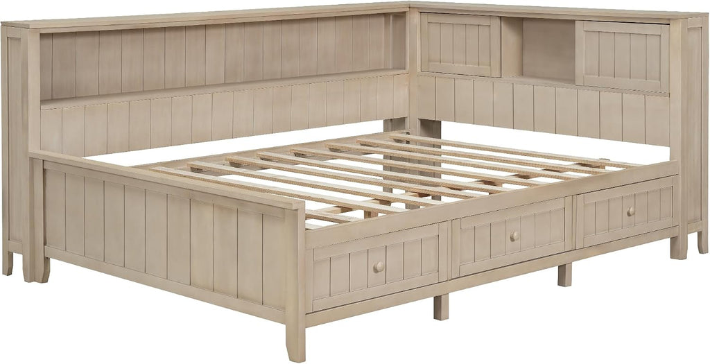 Merax Full Daybed with Headboard and Drawers, Full Size Corner Bed Frame with Storage Shelves for Bedroom, Wood Full Size Bed Frame with Storage for Kids Teens, Apricot White