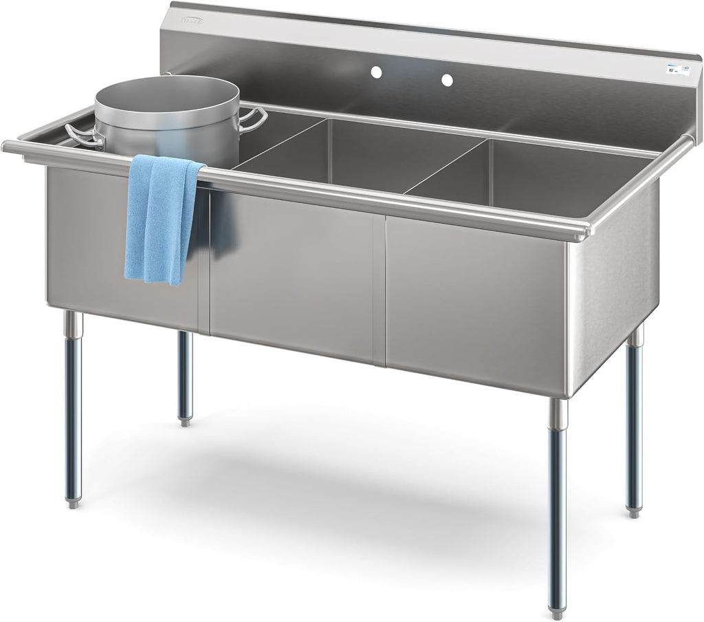 KoolMore 60 in. Three Compartment Commercial Sink, Bowl Size 18x24x14 in 18-Gauge Stainless-Steel, NSF Listed (KM-SC182414-N3)