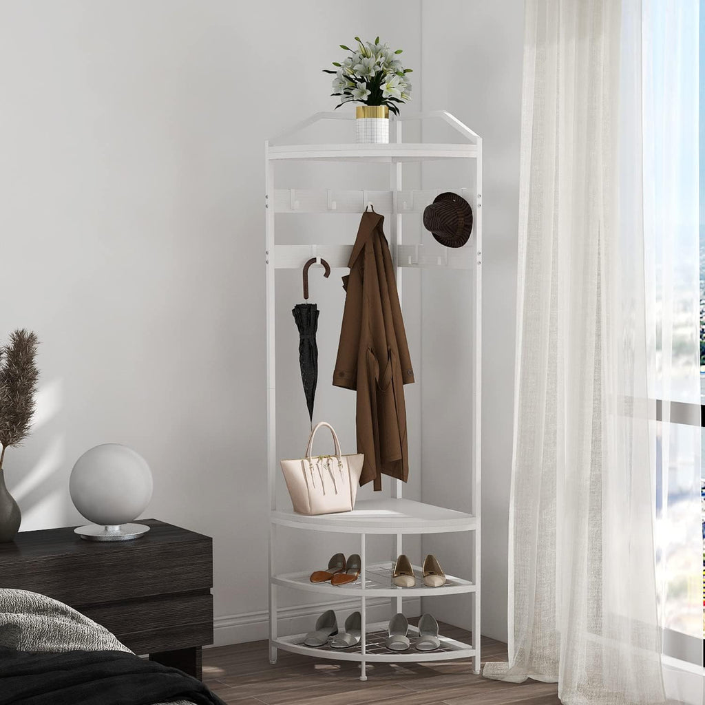 GiftGo Corner Hall Tree with Shoe Bench Entryway Coat Rack with 10 Metal Movable Hooks Freestanding Clothes Rack Shoes Shelf Organizer for Home Office Bedroom (White)