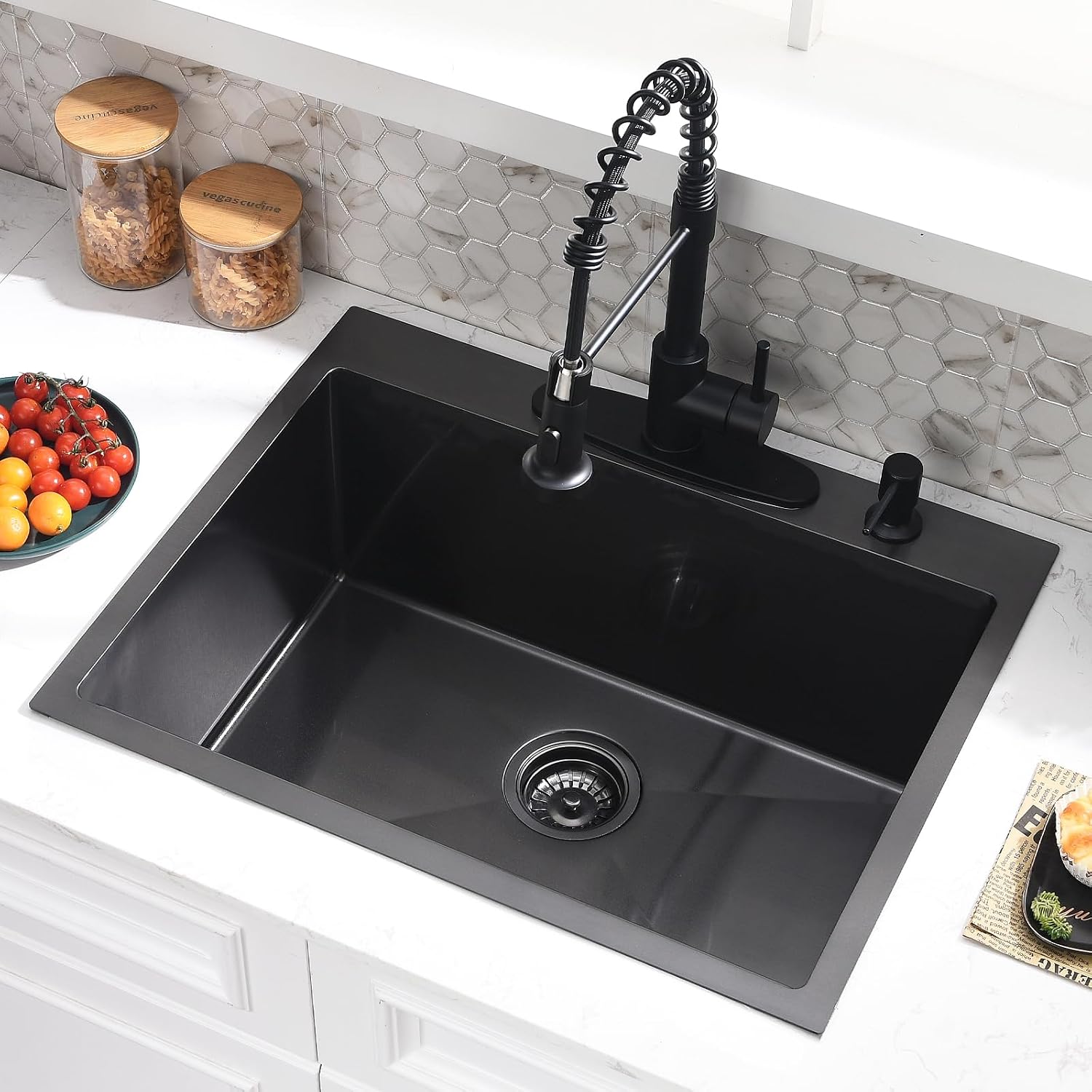 25 Inch Black Drop In Kitchen Sink with Faucet Combo - 25x22 Black Stainless Steel Drop In Sink and Faucet Combo, Single Bowl Kitchen Sink Drop In with Soap Dispenser & Accessories