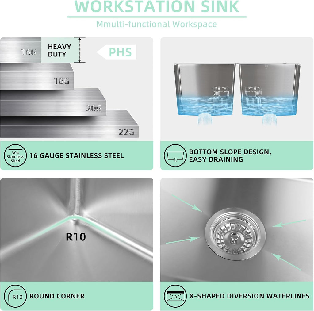 PHS 33 Inch Drop In Double Bowl Kitchen Sink 50/50-16 Gauge Stainless Steel Overmount Kitchen Sink 33x22 with Accessories, 9 Inch Deep Sinks with Brushed Finish
