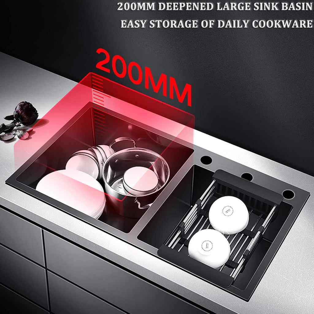 Double Bowl Kitchen Sink 304 Stainless Steel Bar Sink He Multifunctional RV Sink with Faucet and Counter Control Button Drop-in Or Under Mount (Color : Black-c, Size : 78x43x20cm)