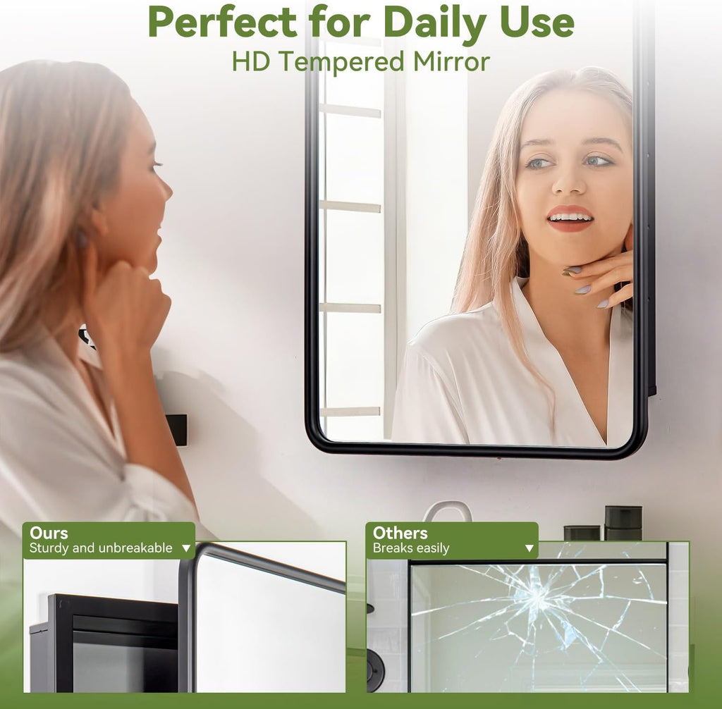 17 x 27 Bathroom Medicine Cabinet with Mirror Metal Frame Recessed Or Wall Mounted Single Door Storage Medicine Cabinets with Adjustable Shelves Rounded Corner Beveled Mirrors