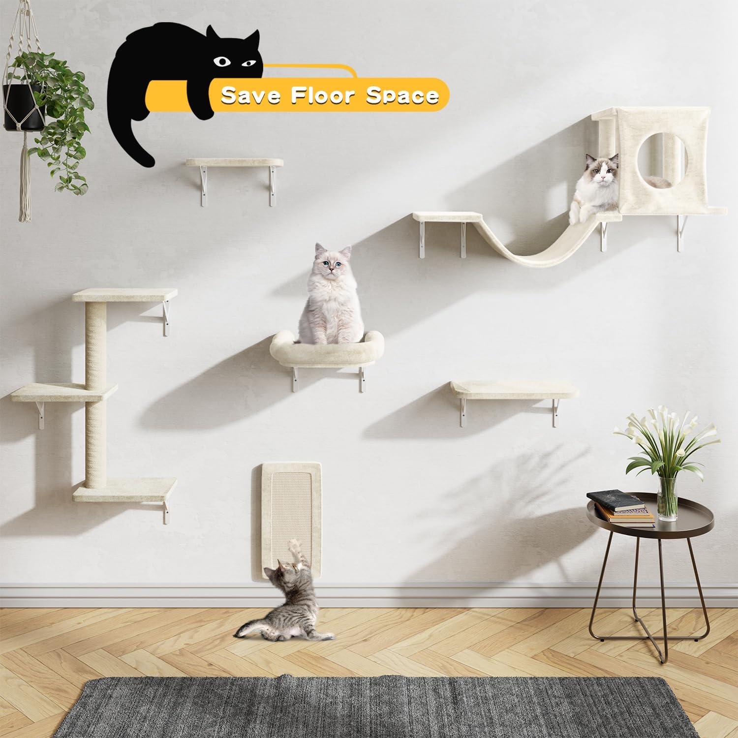 NUNU LAB Wall Mounted Cat Wall Shelves, 12-in-1 Cat Wall Climber with Condos House, Scratching Post, Bridge Ladder, Indoor Space-Saving Furniture for Kittens Play, Beige