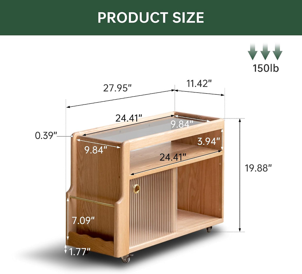 Solid Wood Narrow Side Table with Storage, End Table with Magazine Rack & Glass Door Cabinet, Small Couch Side Table for Living Room, Slim Nightstand for Bedroom, No Assembly