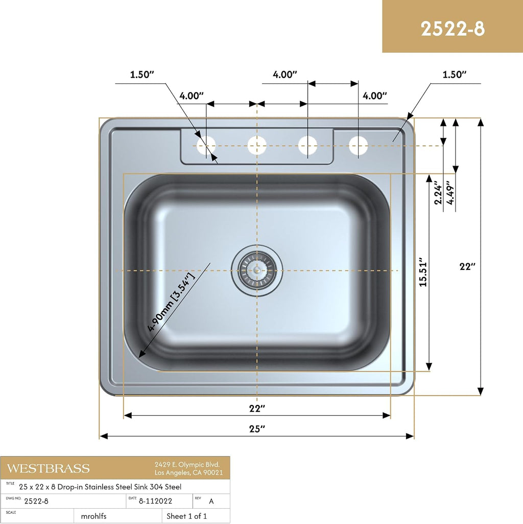 25-inch Stainless Steel Topmount 4-hole Drop-In Single Bowl 8-inch Deep Kitchen Sink