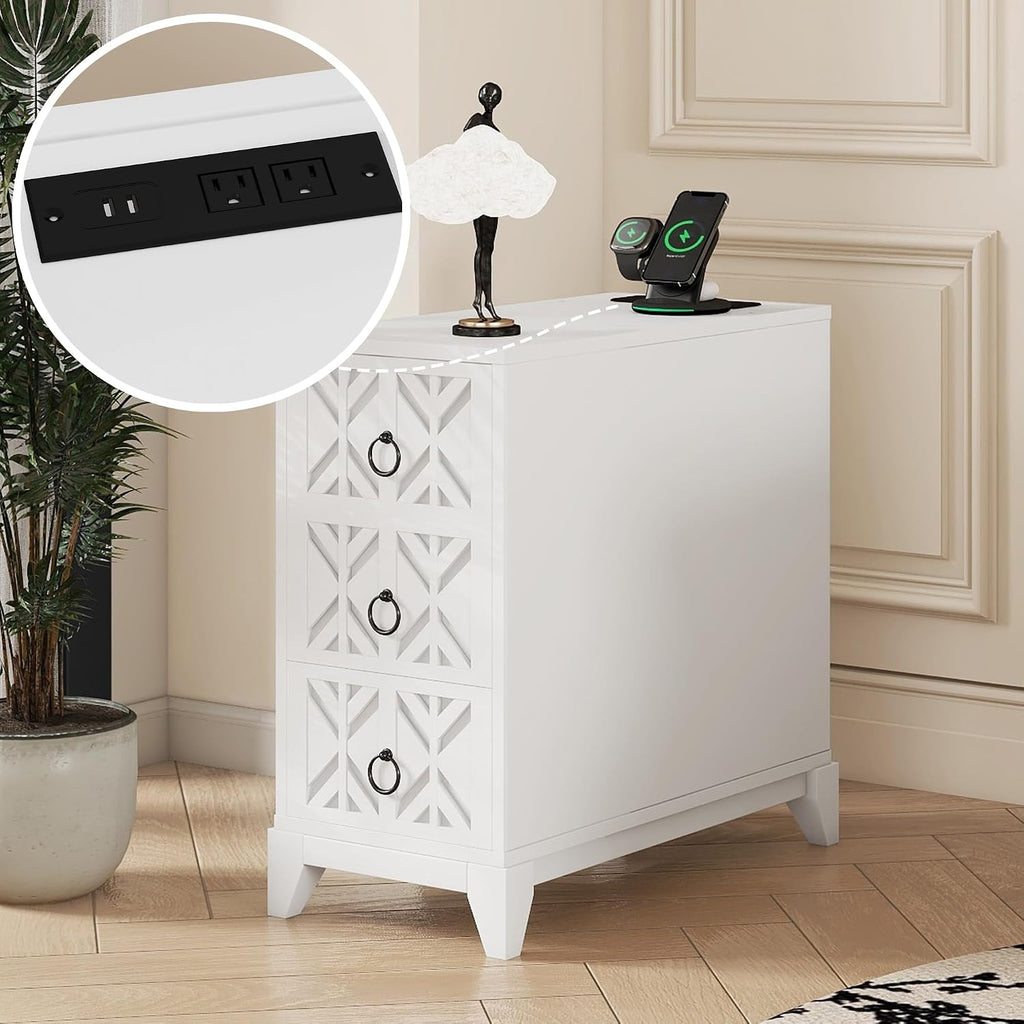 End Table with 3 Drawers & 2 Adjustable Shelves,Corner Table with USB & AC Charge Station,X-Shaped Carved Front,Solid Wood Frame,Tall Narrow Side Tables for Bedroom,Living Room,Small Space,White