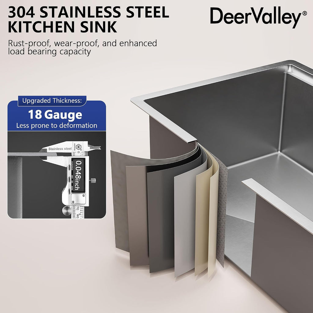 DeerValley Workstation Kitchen Sink 27 Inch, 18 Gauge Stainless Steel Single Bowl Sink, Handmade with Built-In Accessories, Ledge Design & Cutting Board