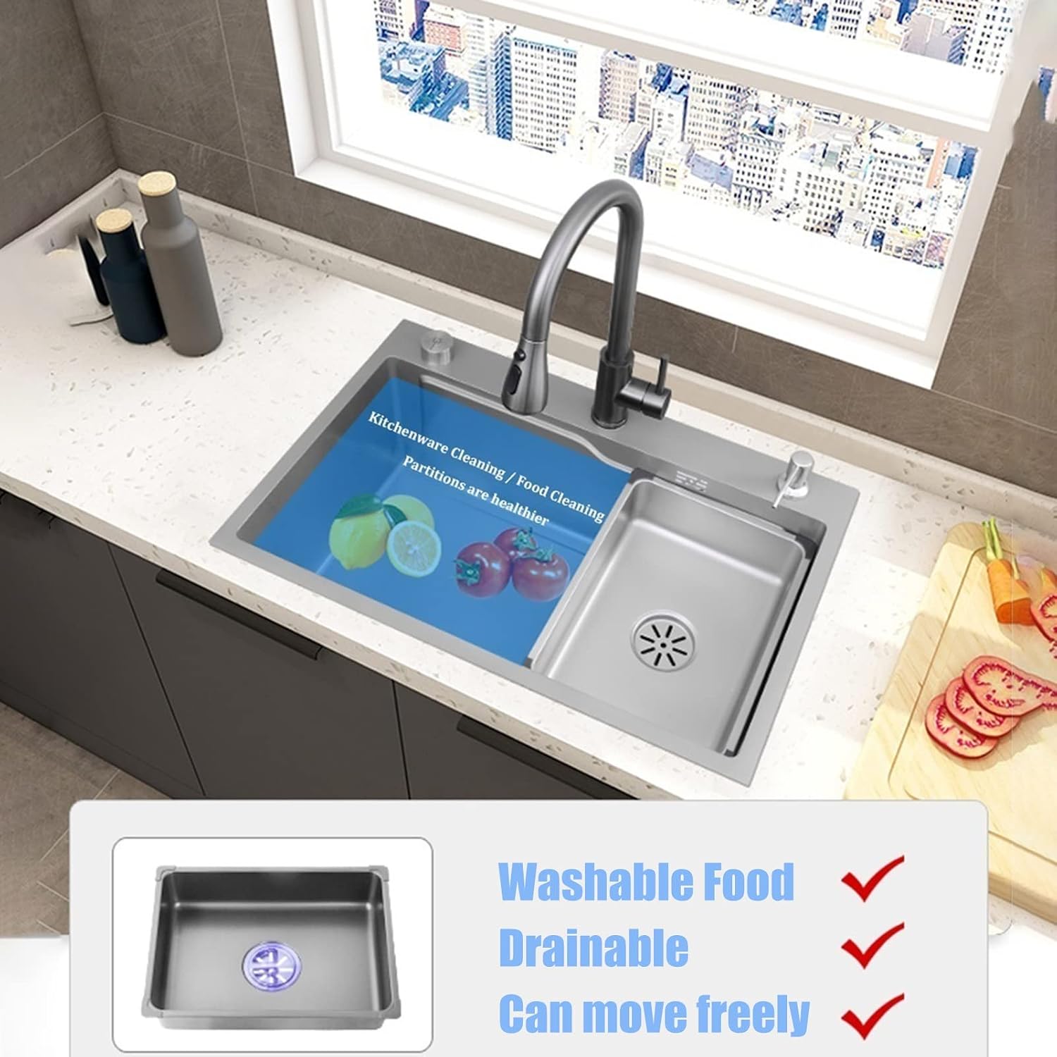 Kitchen Sink 304 Stainless Steel Bar Prep Sink Home Single Bowl RV Sink with Drain Kit Drop in Or Undermount (Color : A, Size : 68x45x22cm) (A 68x45x22cm)