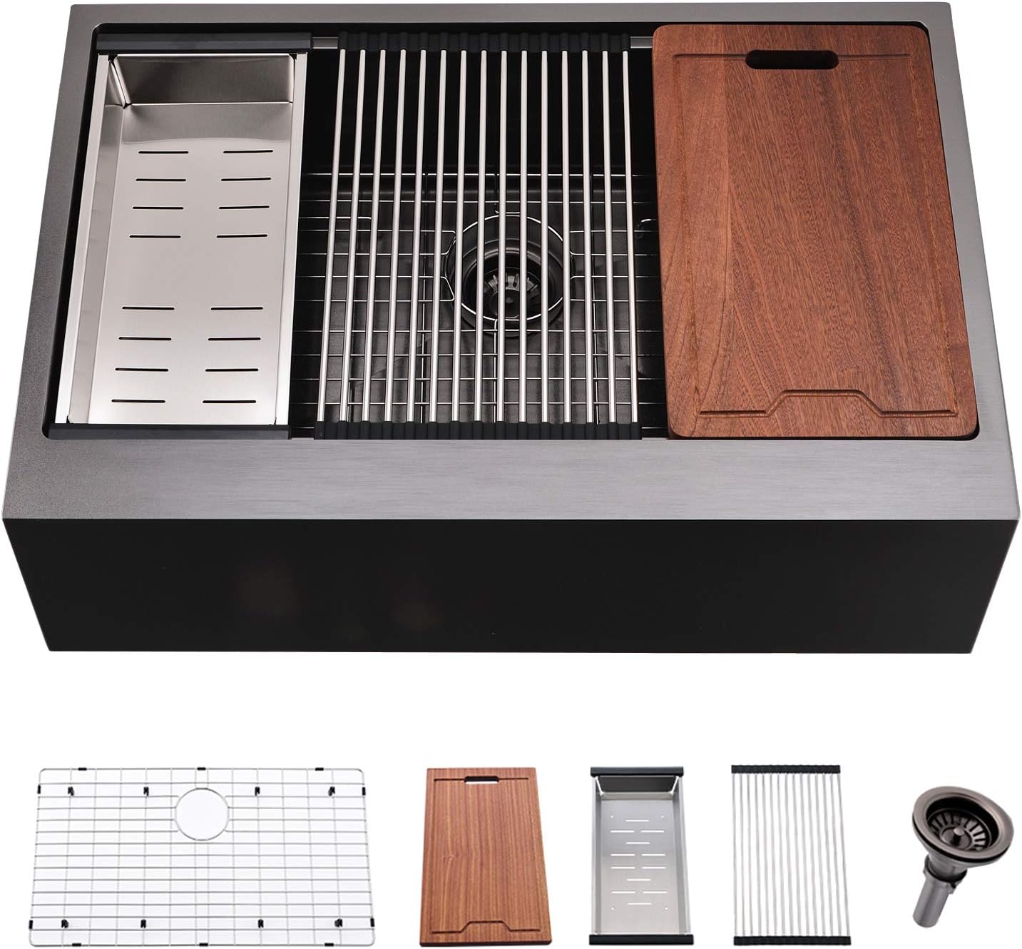 33 Inch Black Farmhouse Kitchen Sink - VOKIM 33x22 inch Flat Apron Front Farmhouse sink Workstation 16 Gauge Stainless Steel Single Bowl Farm Kitchen Sink