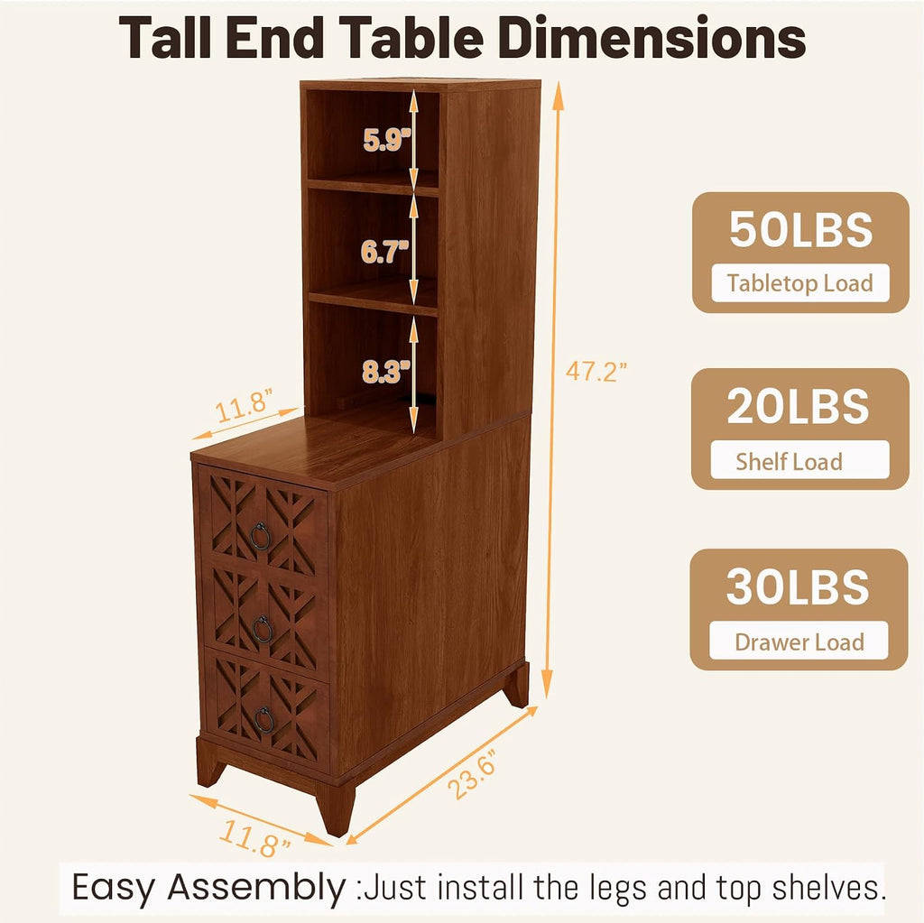 Wood Tall Nightstand with Charging Station, 47.2' Tall End Table with 3 Storage Drawers and 2 Open Shelves, Narrow Slim Sofa Side Table for Small Spaces, Living Room, Bedroom,Corner, Walnut