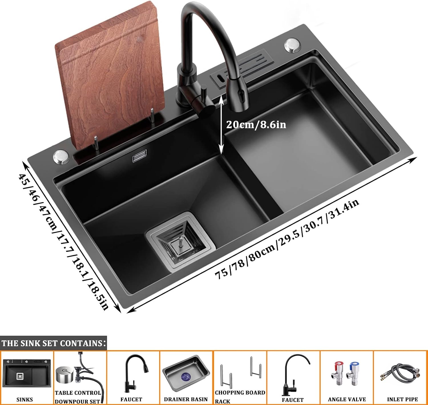 Stepped Kitchen Sink 304 Stainless Steel Single Bowl Bar Prep Sink Multi-functional RV Sink with Faucet and Cup Washer Top Mount Or Undermount (Color : Black, Size : 80x47x20cm) (Black 78x46x20cm)