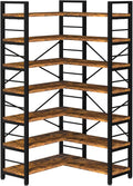7-Tier Corner Bookshelf, Reversible Wooden Shelves, Industrial Bookcase with Open Shelves and Sturdy Metal Frame, Display Shelf Storage Rack for Living Room, Bedroom, Home Office (Rustic Brown)