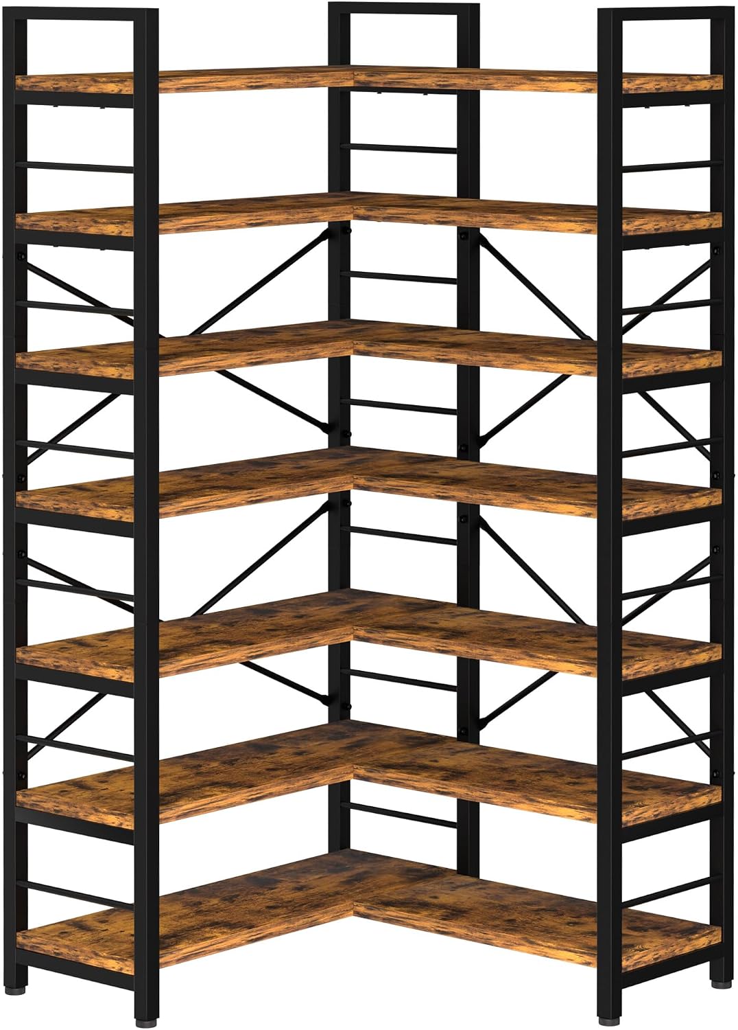 7-Tier Corner Bookshelf, Reversible Wooden Shelves, Industrial Bookcase with Open Shelves and Sturdy Metal Frame, Display Shelf Storage Rack for Living Room, Bedroom, Home Office (Rustic Brown)