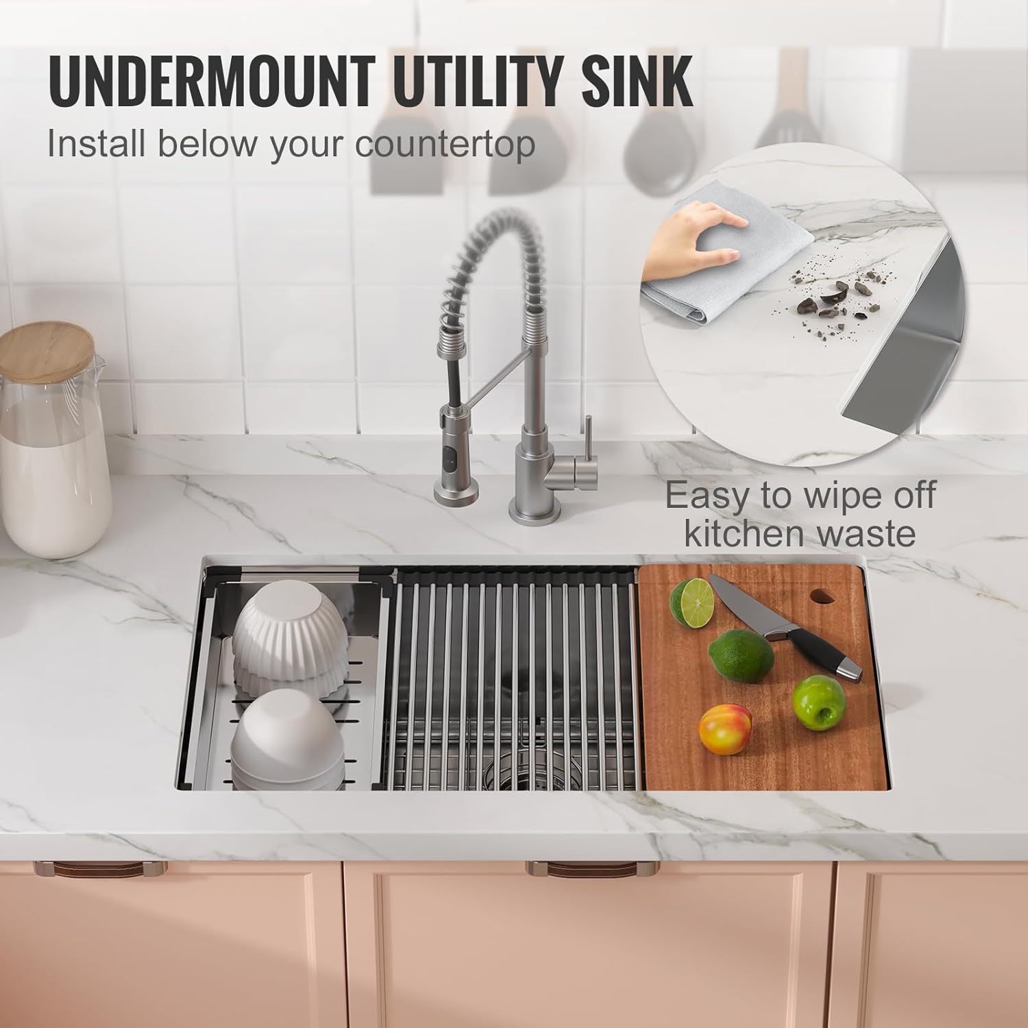 VEVOR 32 inch Kitchen Single Sink, 304 Stainless Steel Undermount Sink Drop-In Single Bowl Farmhouse Basin with Ledge & Multiple Accessories, Household Dishwasher Sinks for Prep Kitchen, Bar 32'*19'