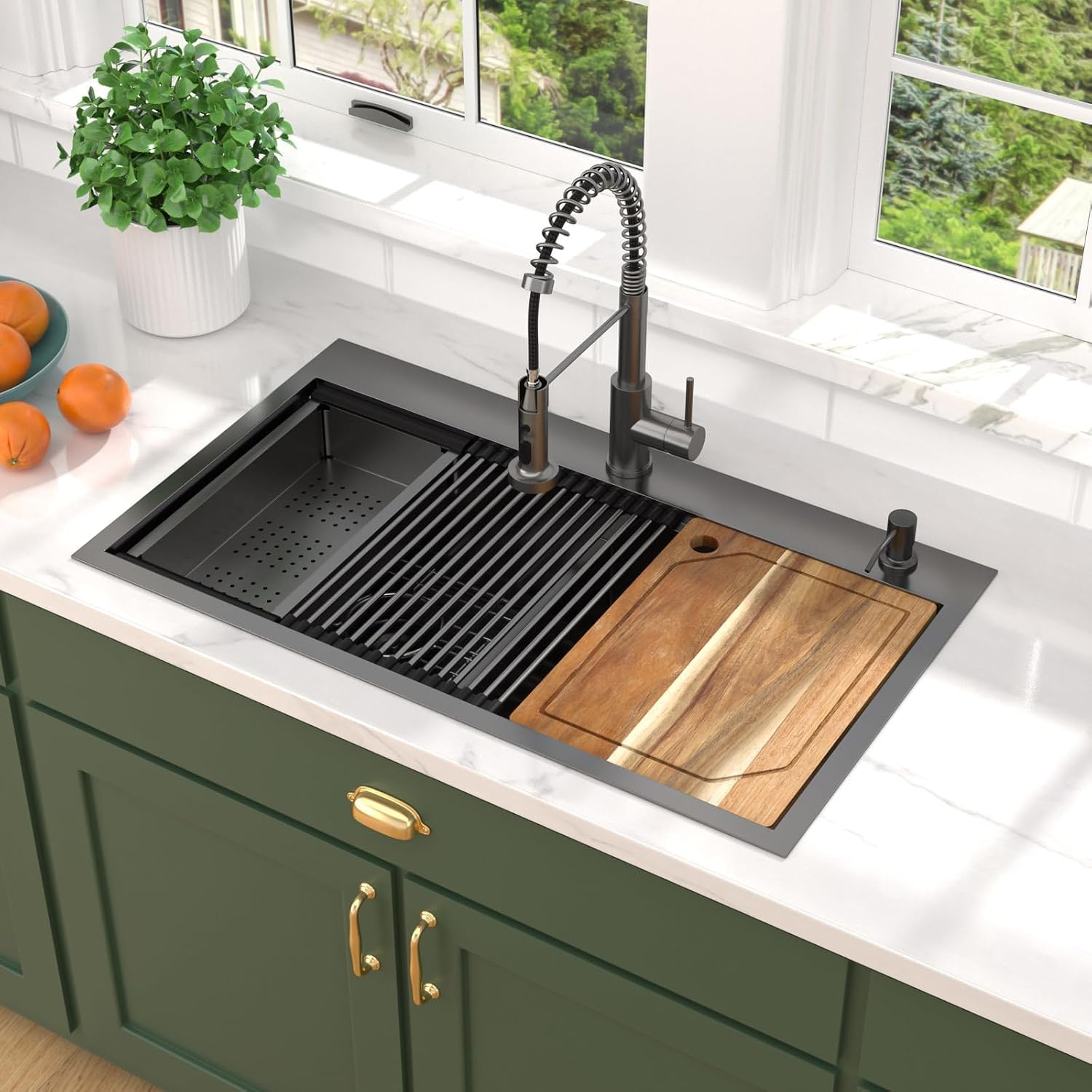 36 Inch Drop-In Double Bowl Kitchen Sink with Faucet, 16 Gauge 304 Stainless Steel 50/50 Low Divide Workstation All-In One Large Sink with Accessories Gunmetal Black #TL-FDOE00094