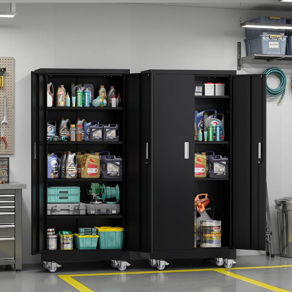 VINGLI Rolling Metal Storage Cabinet with Adjustable Shelves, 71'' Tall Garage Storage Cabinet with Wheels, Locking Tool Cabinets for Home Office Garage Gym School (Black)
