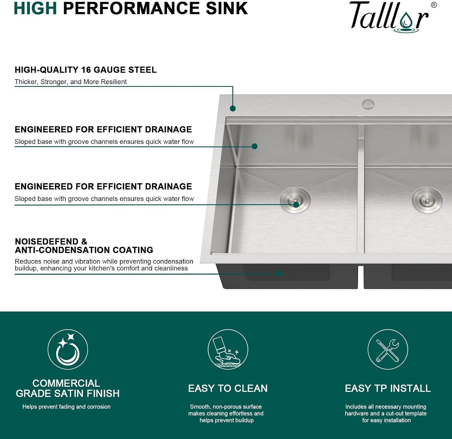 36 Inch Drop-In Double Bowl Kitchen Sink, 50/50 Low Divide 16 Gauge 304 Stainless Steel Workstation All-In One Large Sink with Accessories, Brushed Finish #TLDB-503