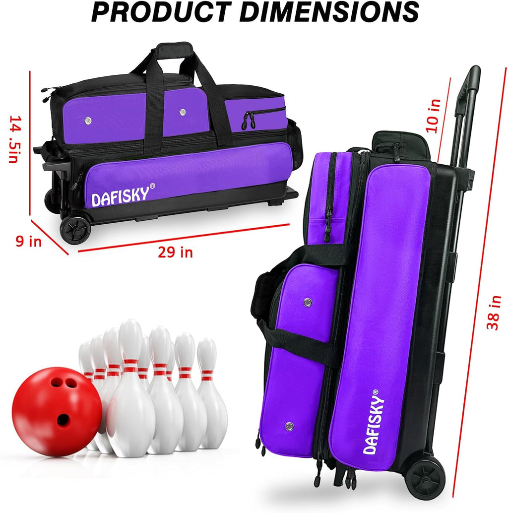 DAFISKY 3 Ball Bowling Bags with Wheels, Roller Bowling Bag with Multiple Pockets Retractable Handle Extends to 38''