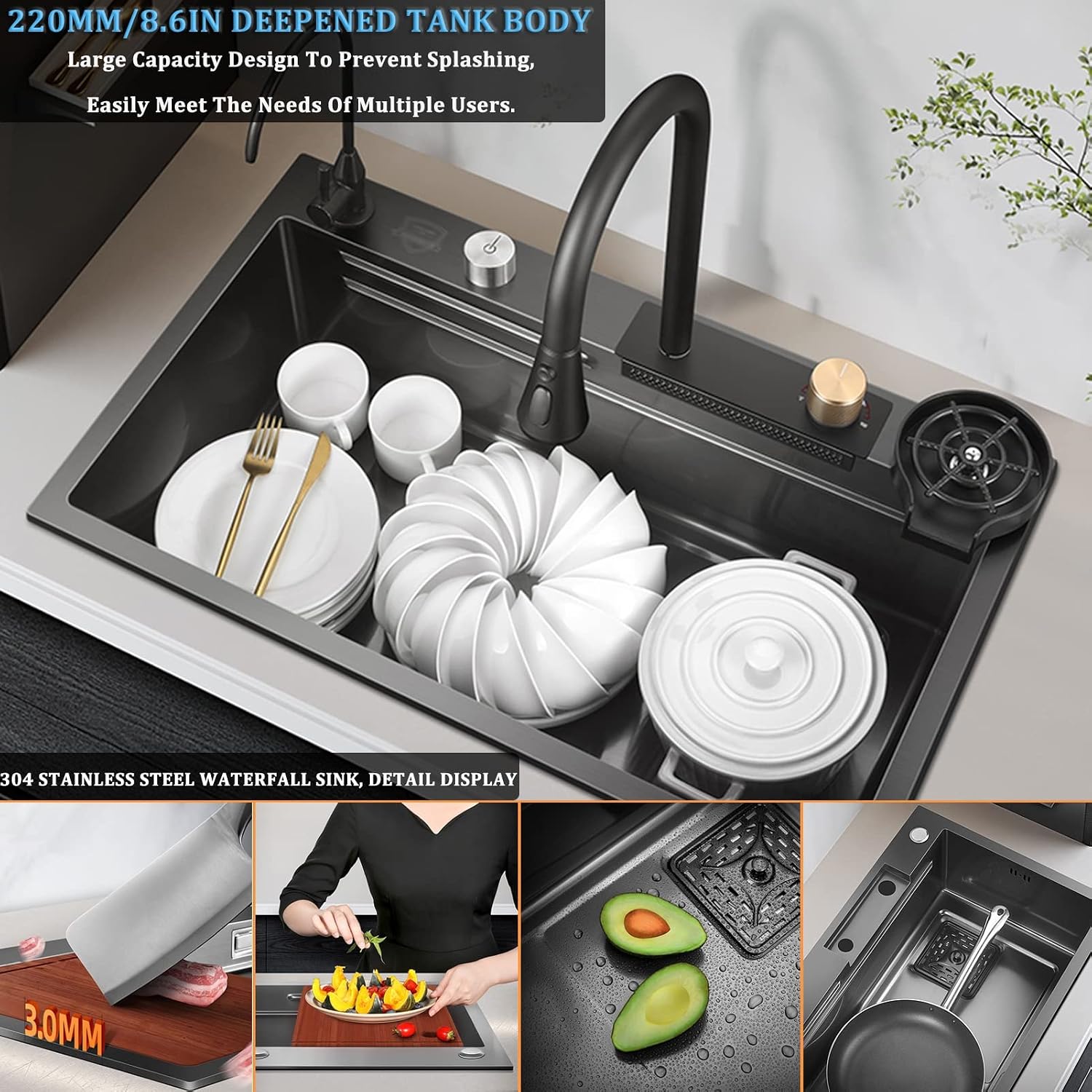 Generic Black Single Bowl Kitchen Sink 304 Stainless Steel Bar Sink Multi-Function Rv Sink with Faucet and Drainage Cponents Top Mount Or Under Mount (Color : Black, Size : 68x45x22cm)