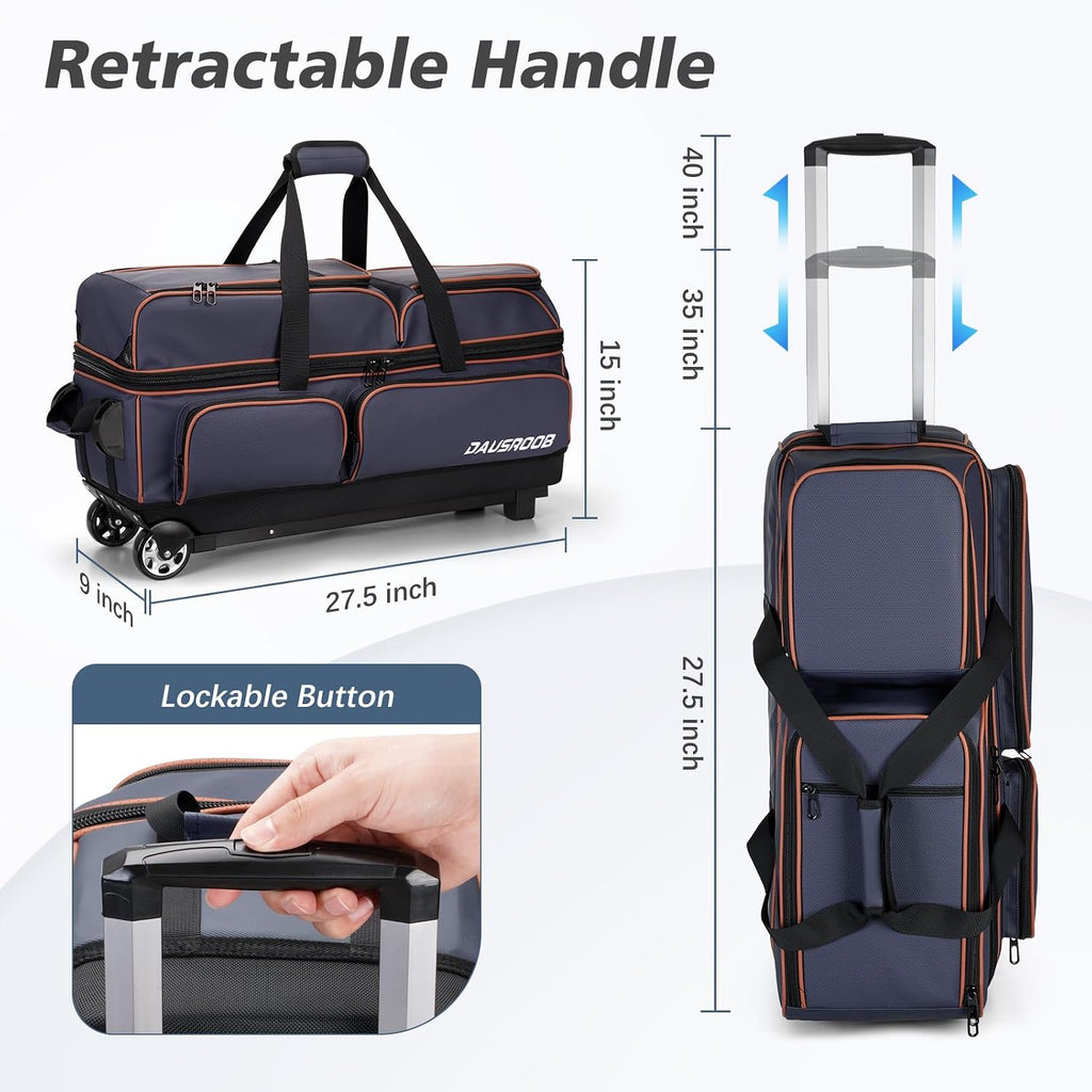 3 Ball Bowling Bags with Wheels, Bowling Bags 3 Ball Roller - 900D Oxford Waterproof PU, Bowling Bag with Multi-Separate Storage Pockets & Retractable Handle Extends to 40''