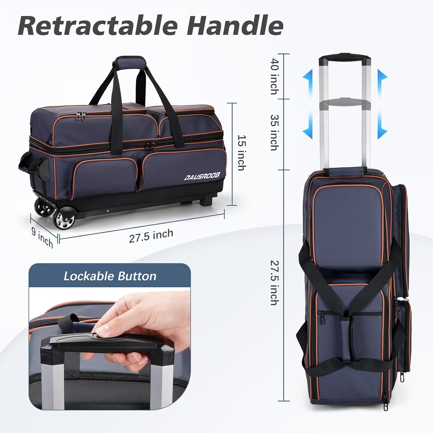 3 Ball Bowling Bags with Wheels, Bowling Bags 3 Ball Roller - 900D Oxford Waterproof PU, Bowling Bag with Multi-Separate Storage Pockets & Retractable Handle Extends to 40''