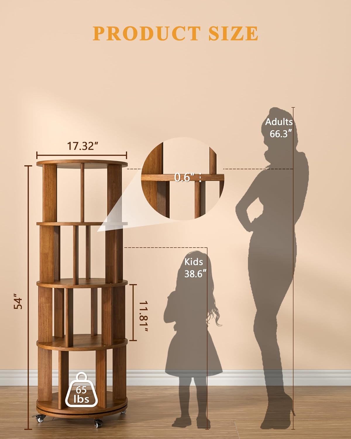 4-Tier Solid Wood Rotating Bookshelf on Wheels, 360° Spinning Book Shelf Tower, Round Revolving Bookcase Organizer, Rolling Bookshelves for Small Spaces, Corner, Bedroom, Kids Room, Office, Walnut