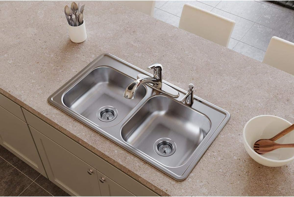Dayton Stainless Steel 33' x 19' x 6-7/16', 5-Hole Equal Double Bowl Drop-in Sink
