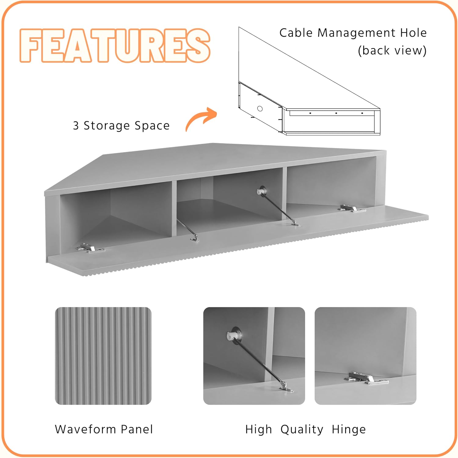 24/7 Shop at Home French 47 inch Modern Floating TV Console Table with 3D Wavy Panel Door, Wood Entertainment Center with Storage Space, Wall Corner Shelf for Living Room, Bedroom, Office, Gray Pure
