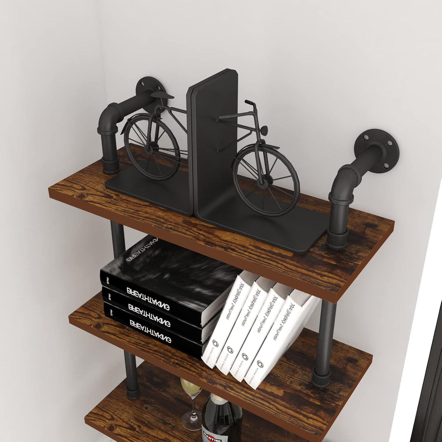 HOMEKAYT Industrial Pipe Shelf Rustic Wood Wall Shelf Ladder Bookshelf Wall Mounted Storage Decor Shelf for Home, Office, Living Room(6-Tier)-Black