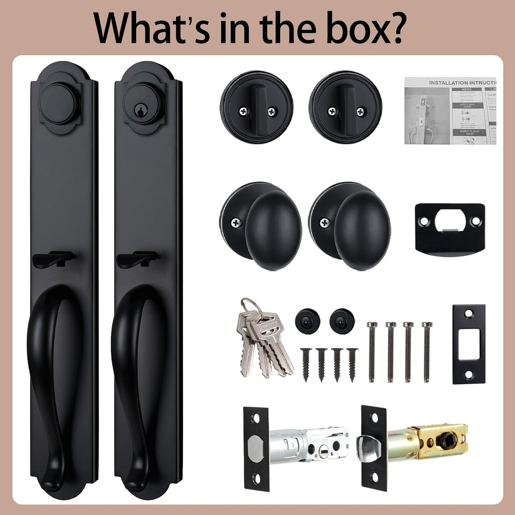 Double Front Door Handle Set with Camelot Trim in Matte Black, Entrance Front Door Lock Set with Deadbolt and Knob, X-2018DBSET