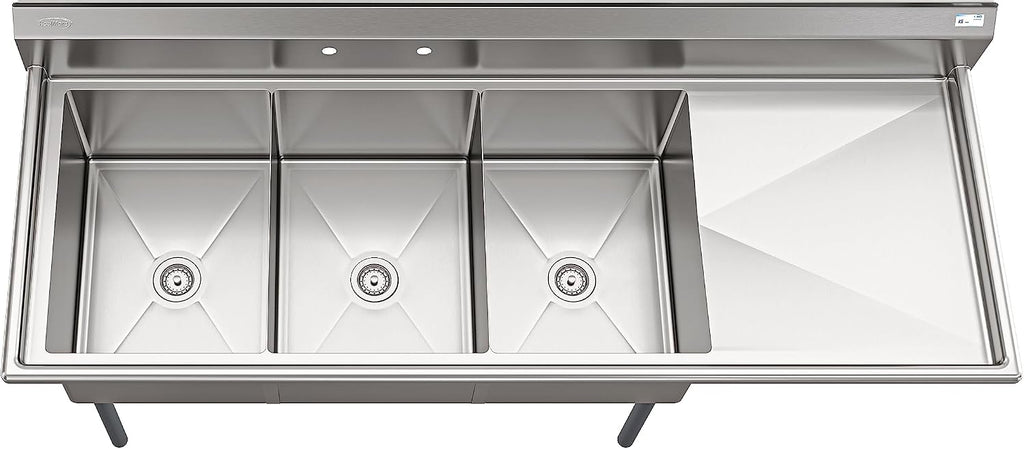 KoolMore 81 in. Three Compartment 18-Gauge Stainless-Steel NSF Commercial Kitchen Sink, Bowl Size 18x24x14, with Three Basins and Pre-Drilled Faucet Holes with Right Drainboard (KM-SC182414-24R3)