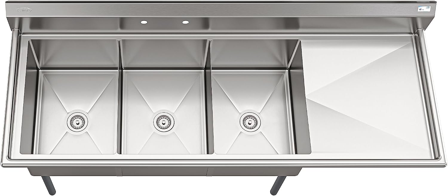 KoolMore 81 in. Three Compartment 18-Gauge Stainless-Steel NSF Commercial Kitchen Sink, Bowl Size 18x24x14, with Three Basins and Pre-Drilled Faucet Holes with Right Drainboard (KM-SC182414-24R3)