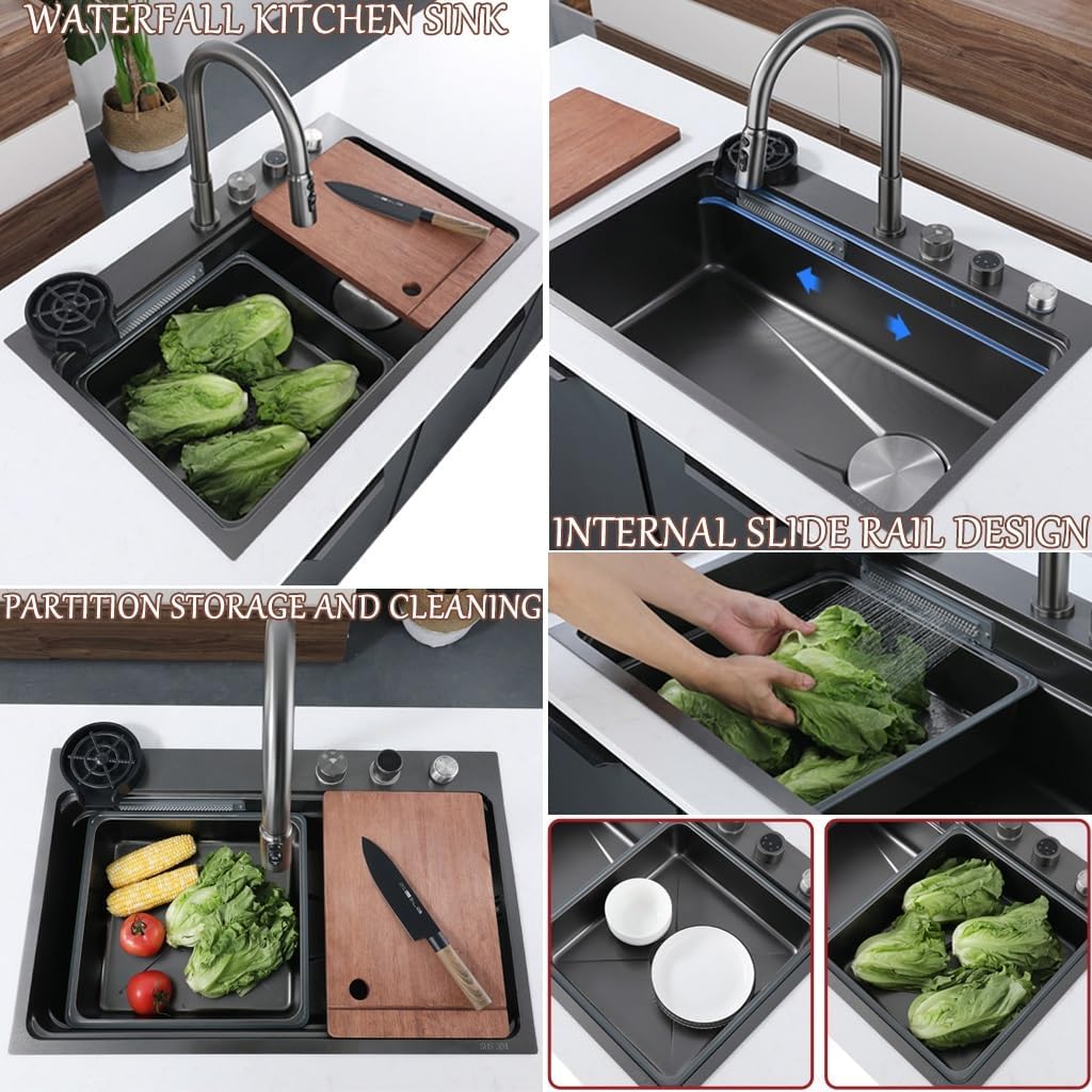 Stainless Steel Waterfall Kitchen Sink with Pull-Out Faucet Multi-Functional Single Bowl Bar Counter Kitchen Sink with Drain Basin Cutting Board and Cup Washer (Black 75x48x21cm)
