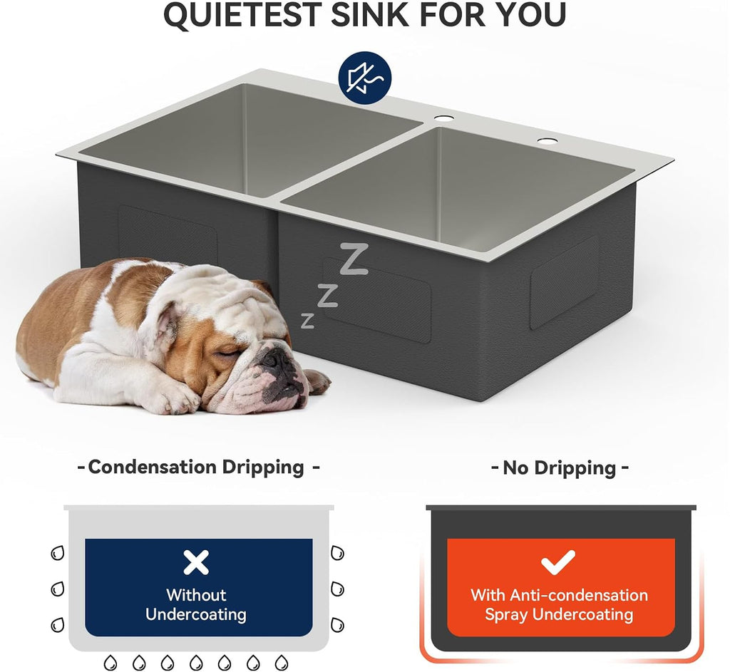 Lordear 33 Inch Drop in Kitchen Sink Double Bowl Kitchen Sinks 16 Gauge 304 Stainless Steel 50/50 Topmount Double Basin Sink