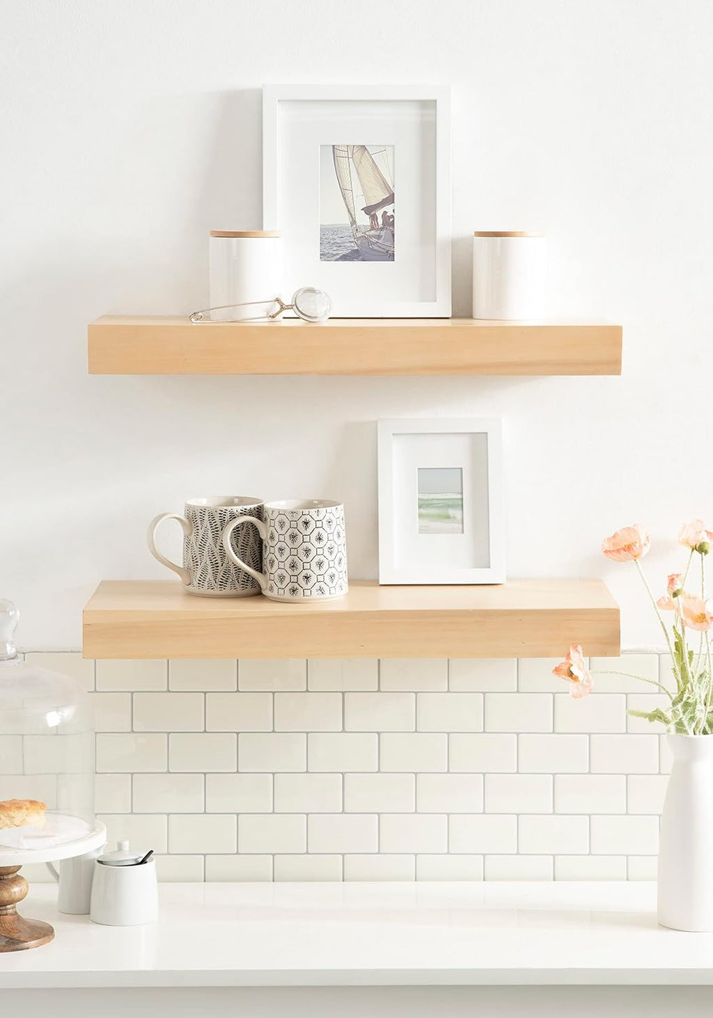 Kate and Laurel Havlock Modern Natural Floating Shelves; Set of 2; 24 x 8; Natural Wood; Mid-Century Bathroom and Kitchen Shelves for Storage and Display