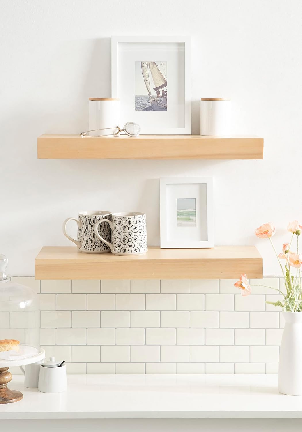 Kate and Laurel Havlock Modern Natural Floating Shelves; Set of 2; 24 x 8; Natural Wood; Mid-Century Bathroom and Kitchen Shelves for Storage and Display