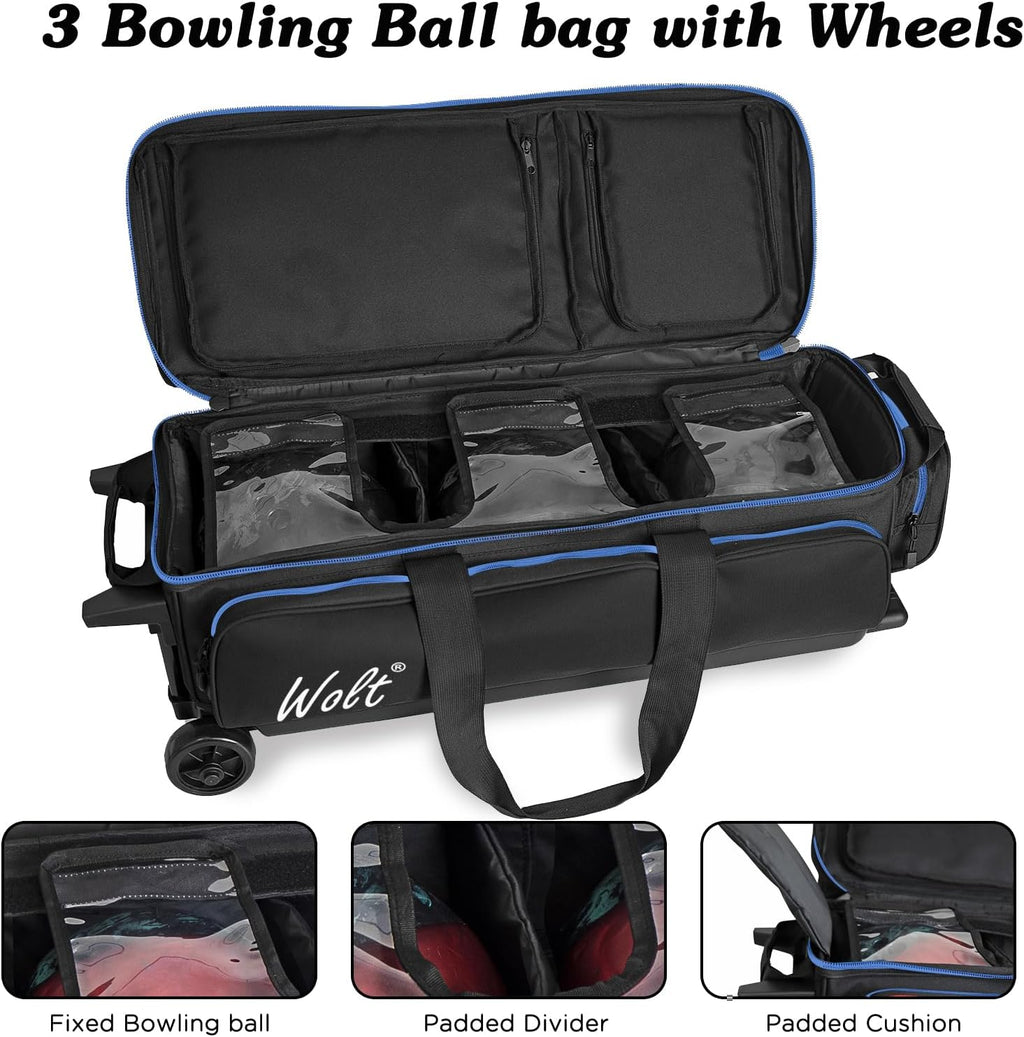 WOLT 3 Ball Bowling Bags with Wheels,Bowling Ball Bag 3 Ball Roller with Separate Shoe Compartment and Accessory Pocket, Retractable Handle Extends to 38''